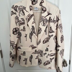 Stylish Cream and Black Western Print Blazer